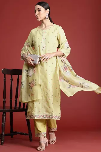 Floral Embroidered Thread Work Linen Kurta with Trousers & With Dupatta