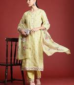 Floral Embroidered Thread Work Linen Kurta with Trousers & With Dupatta