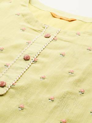 Floral Embroidered Thread Work Linen Kurta with Trousers & With Dupatta 2
