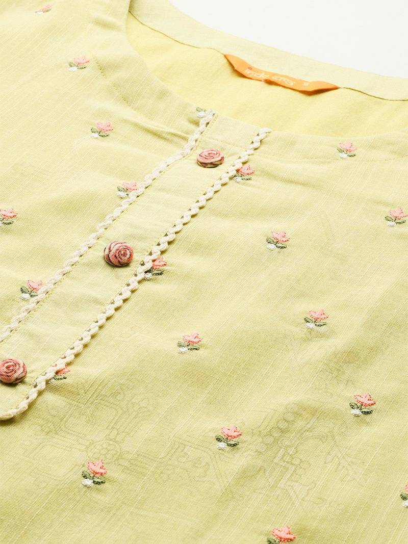 Floral Embroidered Thread Work Linen Kurta with Trousers & With Dupatta