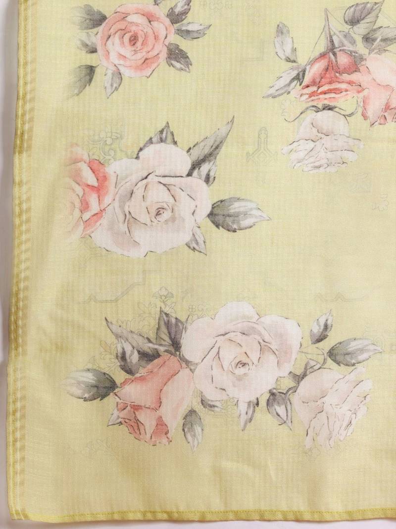 Floral Embroidered Thread Work Linen Kurta with Trousers & With Dupatta