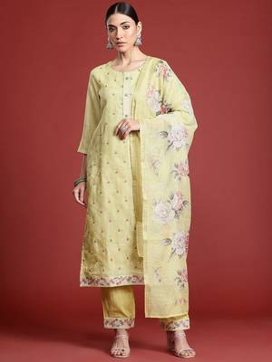 Floral Embroidered Thread Work Linen Kurta with Trousers & With Dupatta 5