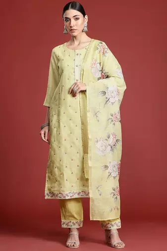 Floral Embroidered Thread Work Linen Kurta with Trousers & With Dupatta