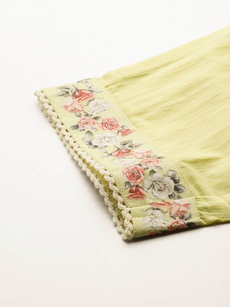 Floral Embroidered Thread Work Linen Kurta with Trousers & With Dupatta