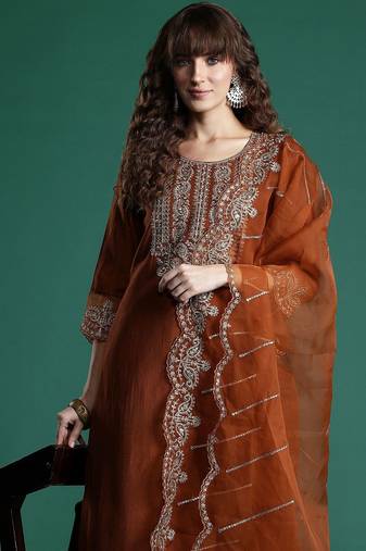 Ethnic Motifs Embroidered Sequinned Liva Kurta With Trousers & Dupatta