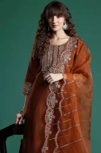 Ethnic Motifs Embroidered Sequinned Liva Kurta With Trousers & Dupatta