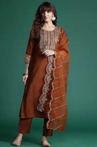 Ethnic Motifs Embroidered Sequinned Liva Kurta With Trousers & Dupatta