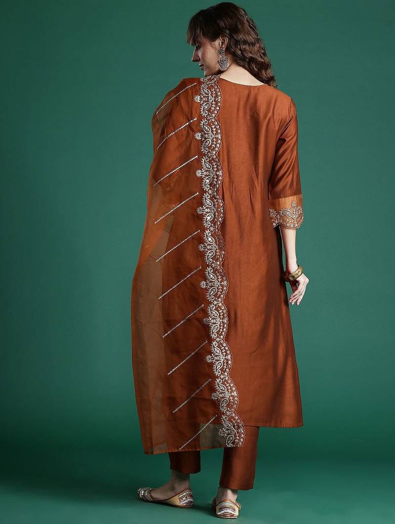 Ethnic Motifs Embroidered Sequinned Liva Kurta With Trousers & Dupatta