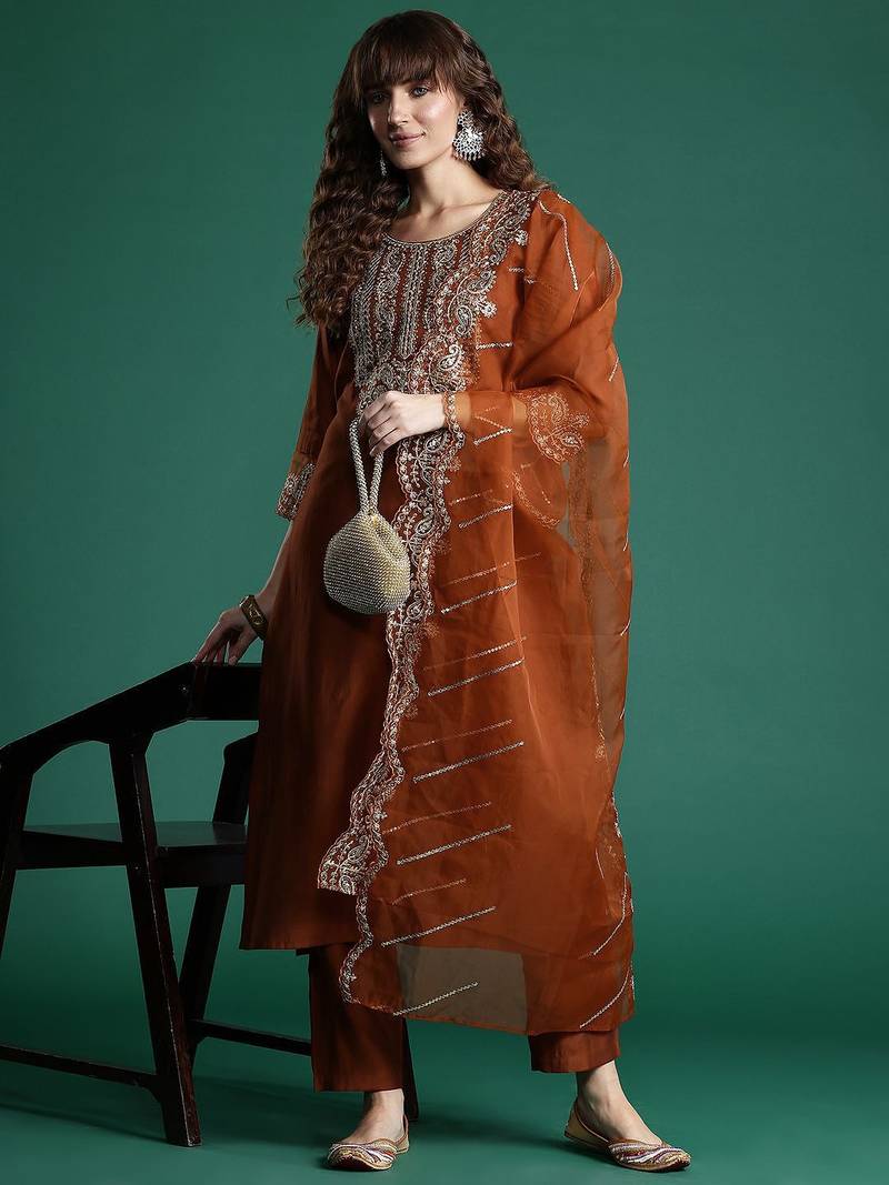 Ethnic Motifs Embroidered Sequinned Liva Kurta With Trousers & Dupatta