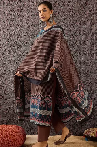 Women Ethnic Motifs Printed Regular Sequinned  Cotton Kurta with Trousers & With Dupatta