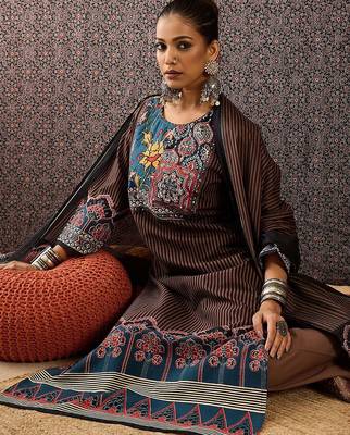 Women Ethnic Motifs Printed Regular Sequinned  Cotton Kurta with Trousers & With Dupatta 7