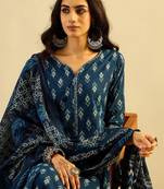 Teal blue Ethnic Motifs Printed  Cotton Kurta with Trouser & Dupatta