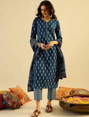 Teal blue Ethnic Motifs Printed  Cotton Kurta with Trouser & Dupatta 2