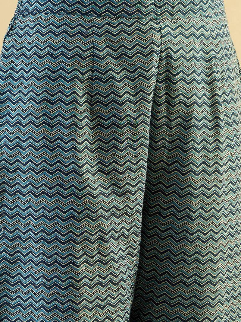 Teal blue Ethnic Motifs Printed  Cotton Kurta with Trouser & Dupatta