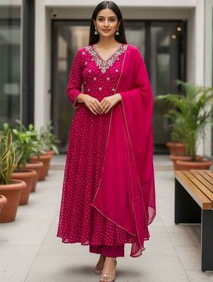 Women Ethnic Motifs Printed Panelled Thread Work Kurta with Trousers & With Dupatta 1