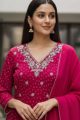 Women Ethnic Motifs Printed Panelled Thread Work Kurta with Trousers & With Dupatta