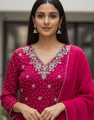 Women Ethnic Motifs Printed Panelled Thread Work Kurta with Trousers & With Dupatta 6