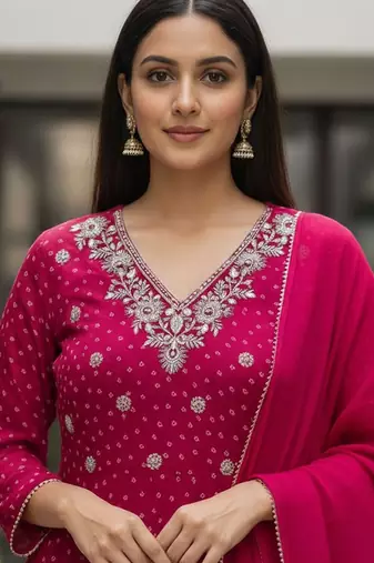 Women Ethnic Motifs Printed Panelled Thread Work Kurta with Trousers & With Dupatta