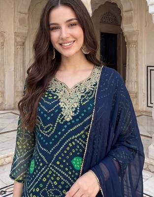 Women Bandhani Printed Regular Thread Work Kurta with Trousers & With Dupatta 1