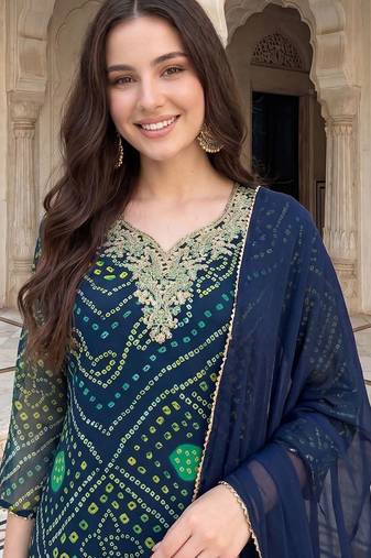 Women Bandhani Printed Thread Work Kurta with Trousers & With Dupatta