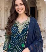 Women Bandhani Printed Regular Thread Work Kurta with Trousers & With Dupatta