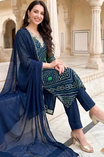 Women Bandhani Printed Regular Thread Work Kurta with Trousers & With Dupatta