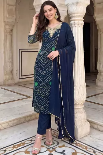 Women Bandhani Printed Regular Thread Work Kurta with Trousers & With Dupatta