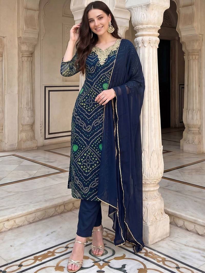 Women Bandhani Printed Regular Thread Work Kurta with Trousers & With Dupatta