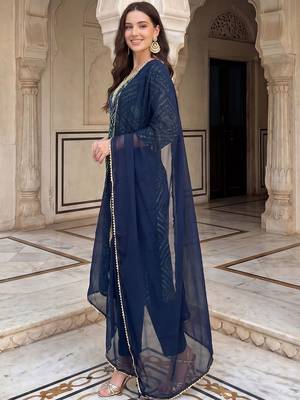 Women Bandhani Printed Regular Thread Work Kurta with Trousers & With Dupatta 4