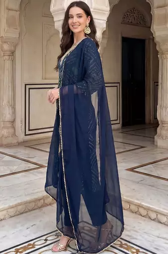 Women Bandhani Printed Regular Thread Work Kurta with Trousers & With Dupatta