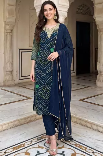 Women Bandhani Printed Regular Thread Work Kurta with Trousers & With Dupatta