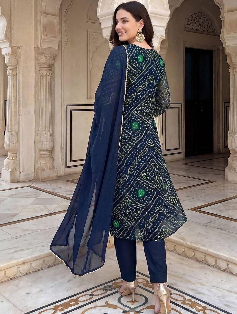 Women Bandhani Printed Regular Thread Work Kurta with Trousers & With Dupatta