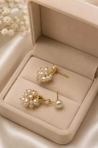 Freshwater pearl cluster drop earrings with gold-tone studs