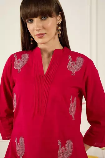 Floral Printed Thread Work Pure Cotton Kurta With Palazzos