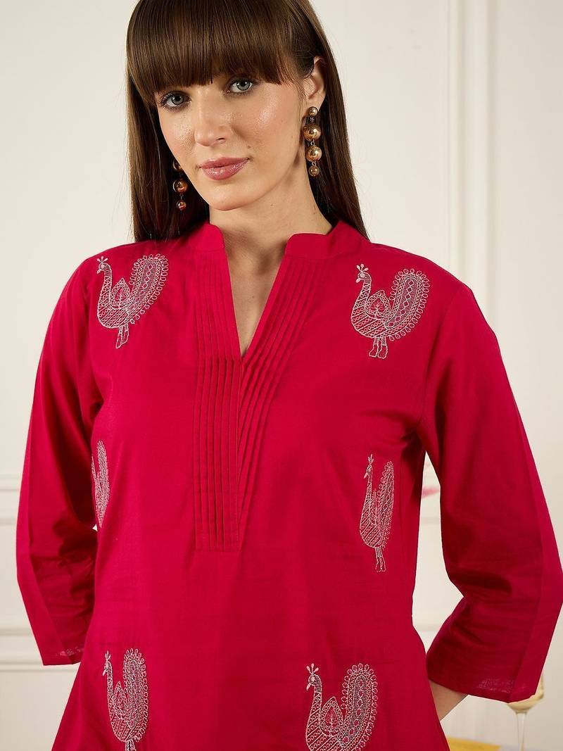 Floral Printed Thread Work  Cotton Kurta With Palazzos