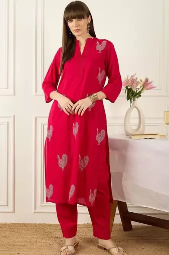 Floral Printed Thread Work Pure Cotton Kurta With Palazzos