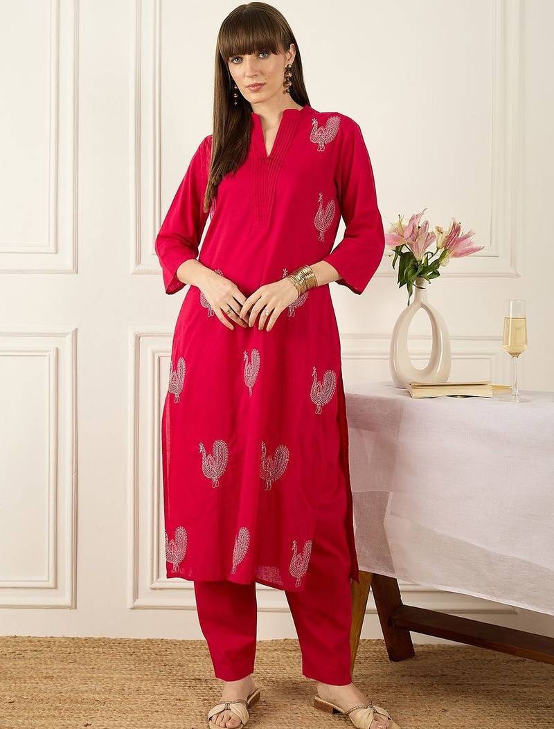 Floral Printed Thread Work  Cotton Kurta With Palazzos