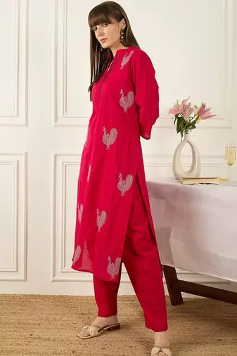 Floral Printed Thread Work Pure Cotton Kurta With Palazzos