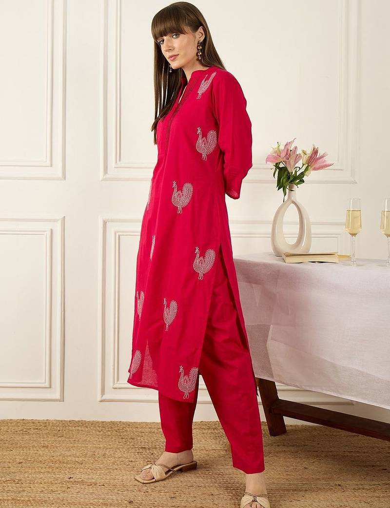 Floral Printed Thread Work  Cotton Kurta With Palazzos