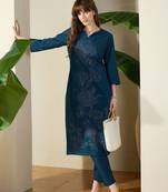 Women  Cotton Floral Embroidered Regular Thread Work Kurta With Trousers