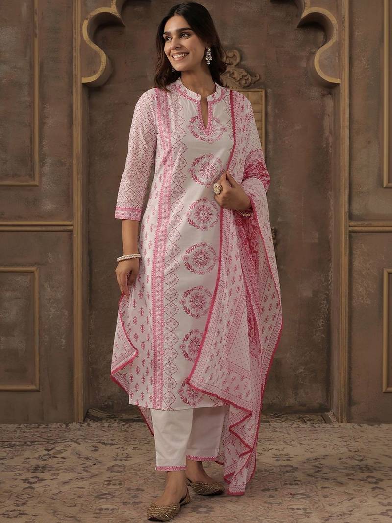 Women Ethnic Motifs Printed Regular  Cotton Kurta with Trousers & With Dupatta
