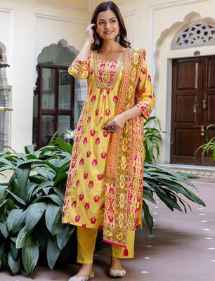 Women Printed Panelled Sequinned  Cotton Kurta with Trousers & With Dupatta 2
