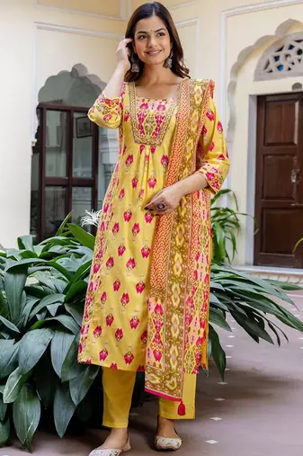 Women Printed Panelled Sequinned  Cotton Kurta with Trousers & With Dupatta
