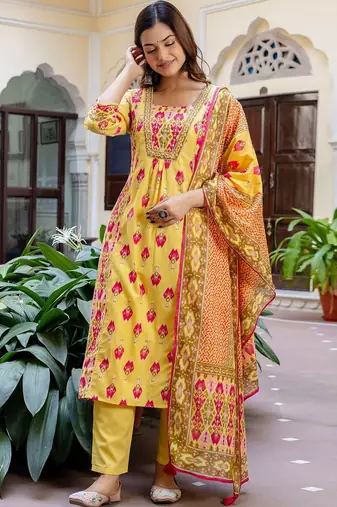 Women Printed Panelled Sequinned  Cotton Kurta with Trousers & With Dupatta