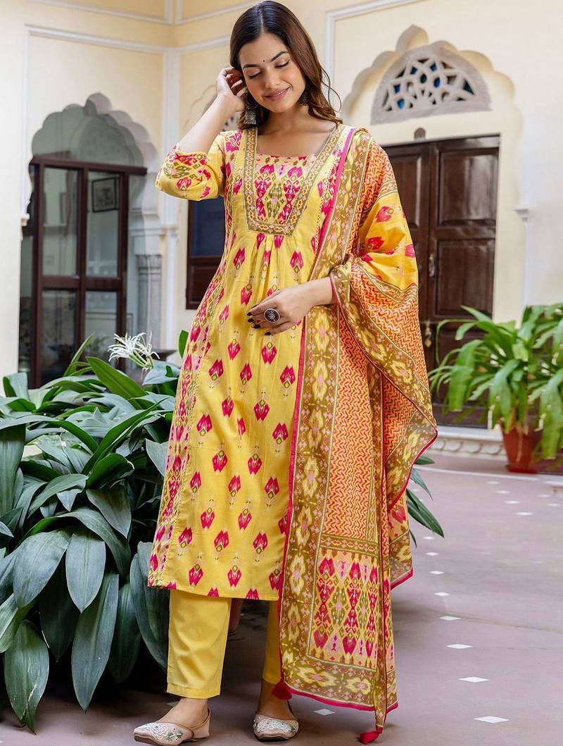 Women Printed Panelled Sequinned  Cotton Kurta with Trousers & With Dupatta