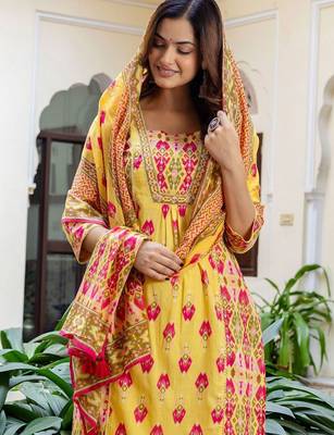 Women Printed Panelled Sequinned  Cotton Kurta with Trousers & With Dupatta 7