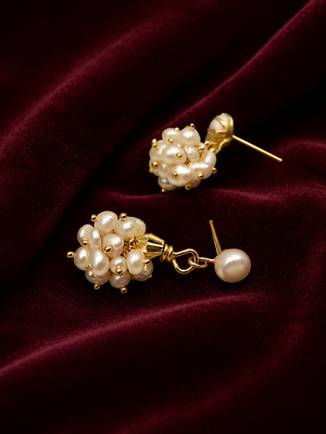 Freshwater pearl cluster drop earrings with gold-tone studs 2
