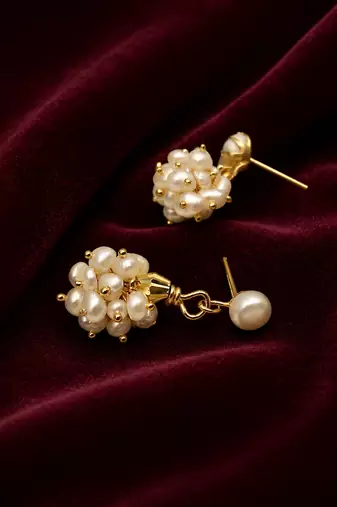 Freshwater pearl cluster drop earrings with gold-tone studs