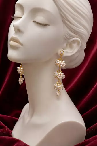 Freshwater pearl cluster drop earrings with gold-tone chain