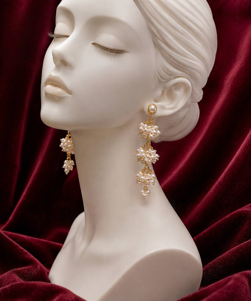 Freshwater pearl cluster drop earrings with gold-tone chain